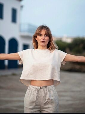 Linen Handmade Studio Natural Cropped Boxy Top 100% Linen Lagenlook Size Small